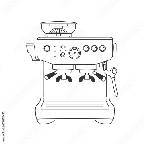 Illustration of a coffee machine, coffee maker. Espresso machine with cappuccino maker. Outline drawing of a coffee maker. Vector illustration in linear style.