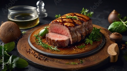 A nice big piece of steak with greens on a wooden board