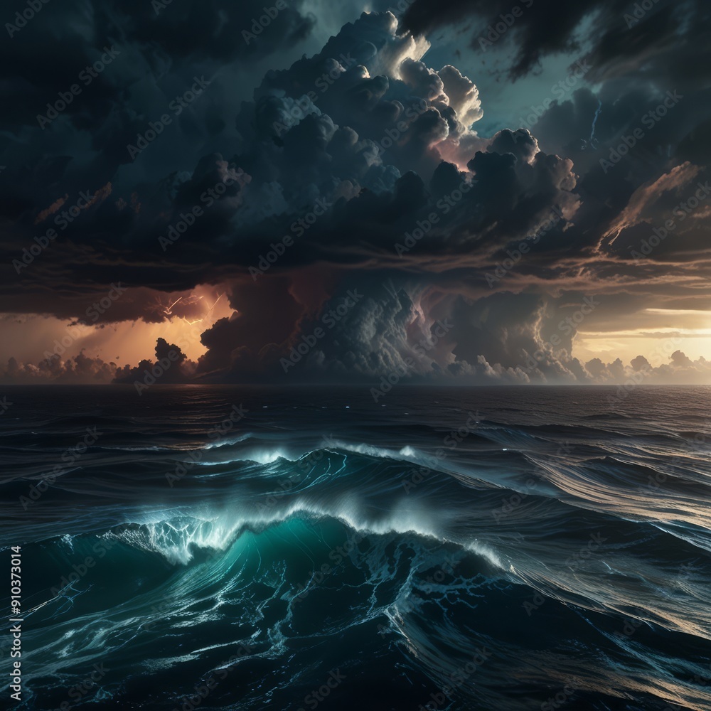 Naklejka premium A dramatic, cinematic view of the Bermuda Triangle from above, with stormy clouds, turbulent waves, and an ominous glow emanating from the center, creating a sense of mystery and intrigue. 