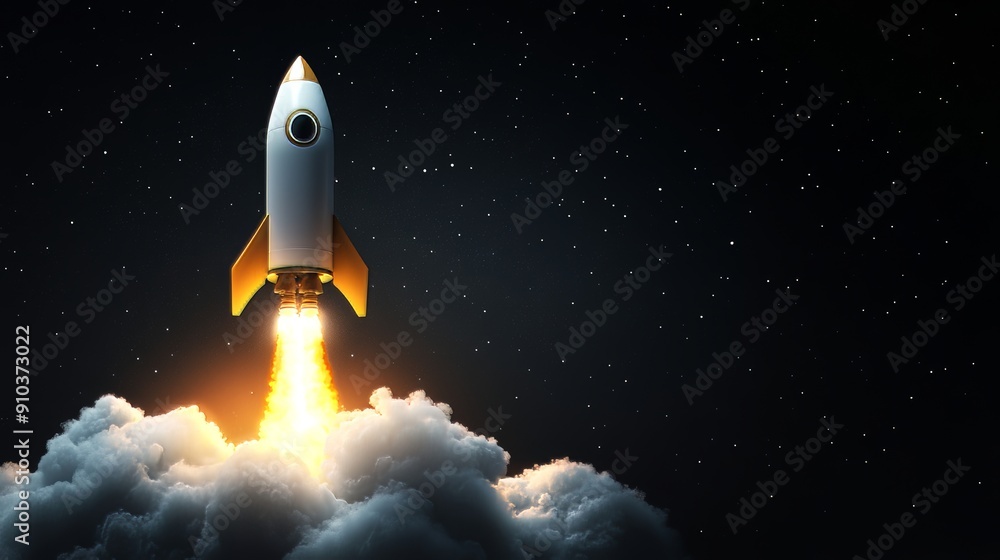 Cartoon rocket launching into starry night sky Cartoon rocket launching into starry night sky