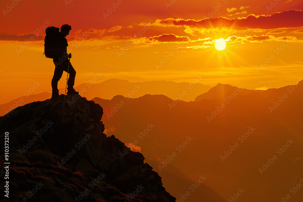 Hiker Silhouette at Mountain Peak During Sunset with Scenic View and Golden Hour Sky - Outdoor Adventure and Exploration