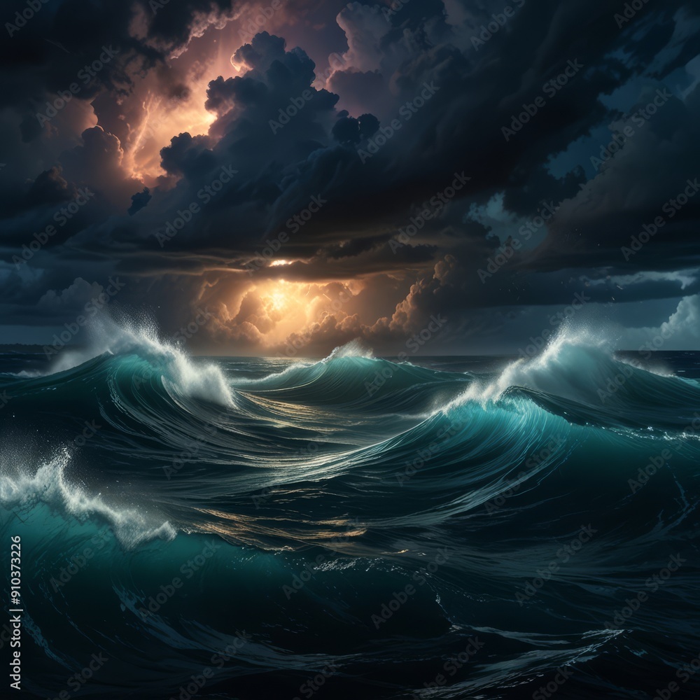 Fototapeta premium A dramatic, cinematic view of the Bermuda Triangle from above, with stormy clouds, turbulent waves, and an ominous glow emanating from the center, creating a sense of mystery and intrigue. 