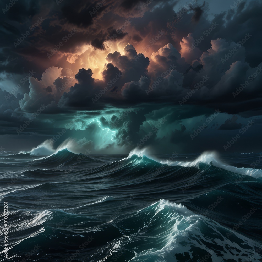 Fototapeta premium A dramatic, cinematic view of the Bermuda Triangle from above, with stormy clouds, turbulent waves, and an ominous glow emanating from the center, creating a sense of mystery and intrigue. 