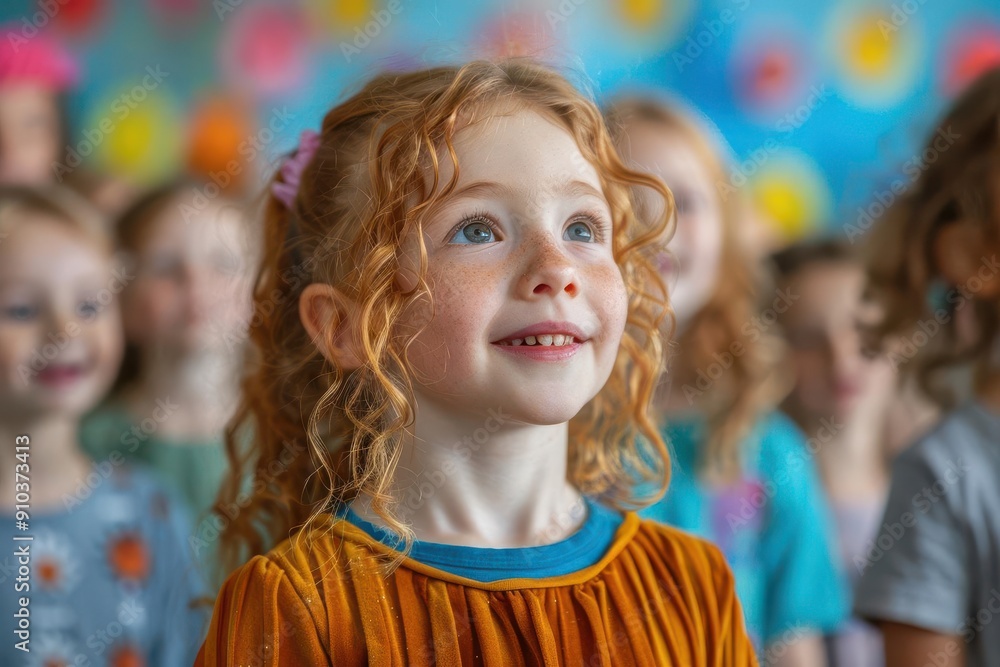 A young girl with bright blue eyes and curly red hair smiles as she looks up in a classroom setting. The image captures innocence and wonder. A young girl with bright blue eyes and curly red hair smiles as she looks up in a classroom setting. The image captures innocence and wonder.