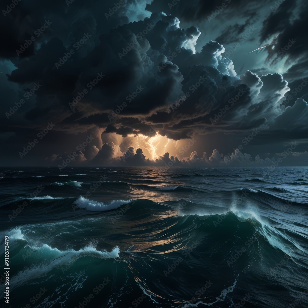 Fototapeta premium A dramatic, cinematic view of the Bermuda Triangle from above, with stormy clouds, turbulent waves, and an ominous glow emanating from the center, creating a sense of mystery and intrigue. 