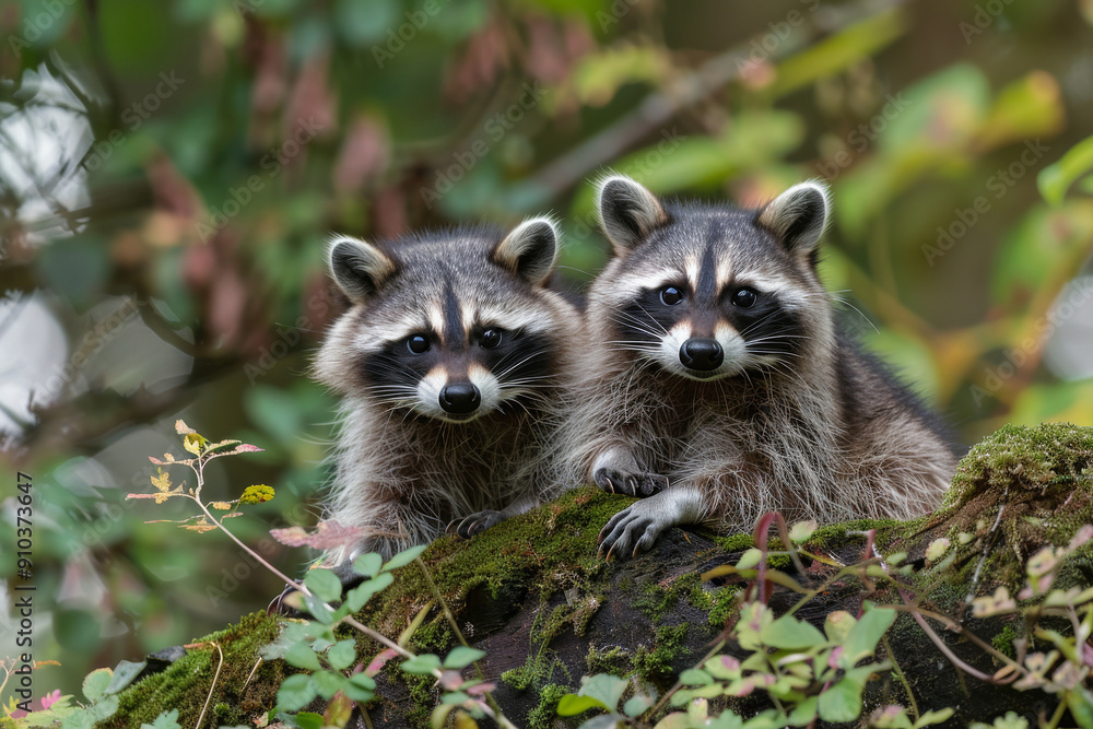 two cute raccoons looking around two cute raccoons looking around