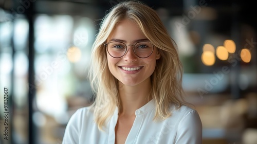 elegant customer service representative platinum blonde hair crisp white blouse sleek glasses radiant smile modern open office soft lighting professional atmosphere