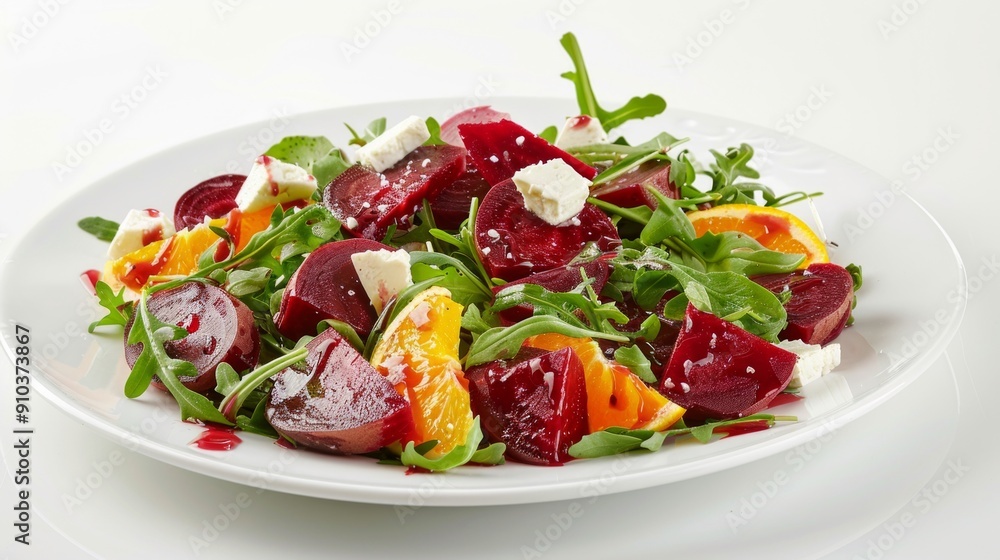 Fresh beetroot and orange salad on white plate. A mix of vibrant colors and healthy ingredients arranged beautifully. Perfect for a light lunch or a dinner starter. AI