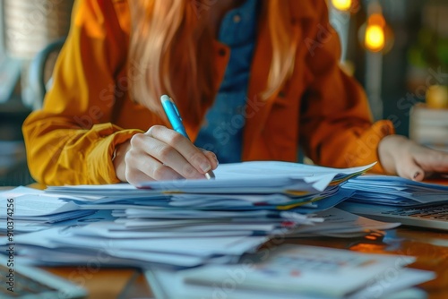 Closeup of a woman's hands writing in a notebook, surrounded by a stack of papers and documents.