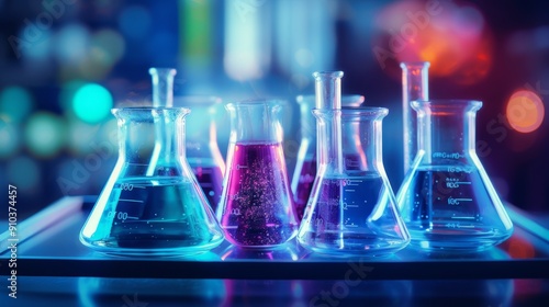 Laboratory glassware filled with colorful liquids in test tubes, representing innovative science research and development in modern laboratory setting, focus on scientific experimentation and chemical