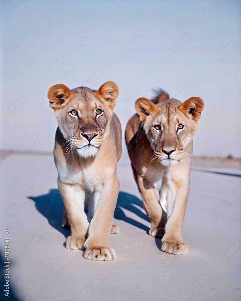 Obraz premium A pair of lions strolls side by side on a clear day, showcasing their powerful physique and captivating expressions. Generative AI