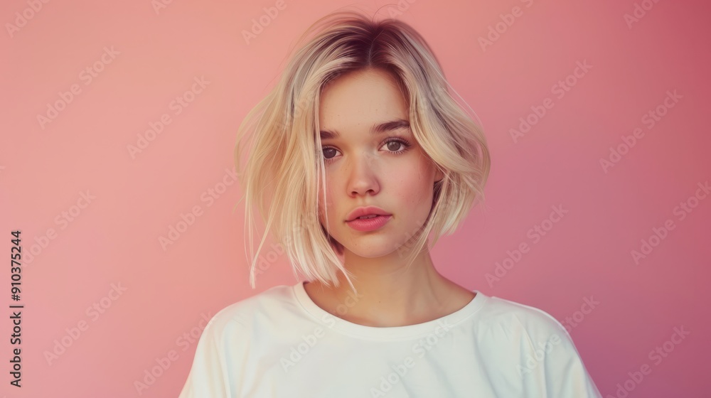 Cute young woman blonde hair with bob haircut isolated on flat pink background with copy space. Cute girl in white simple t-shirt. Cute young woman blonde hair with bob haircut isolated on flat pink background with copy space. Cute girl in white simple t-shirt.