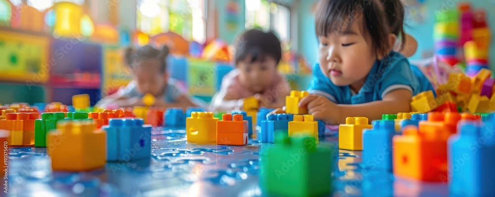 Young children play with colorful blocks in a daycare setting. Young children play with colorful blocks in a daycare setting.