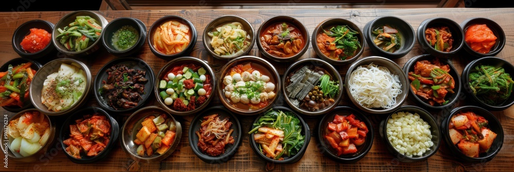 A vibrant spread of assorted dishes in traditional bowls, showcasing diverse ingredients and colors, perfect for food photography and culinary presentations. A vibrant spread of assorted dishes in traditional bowls, showcasing diverse ingredients and colors, perfect for food photography and culinary presentations.