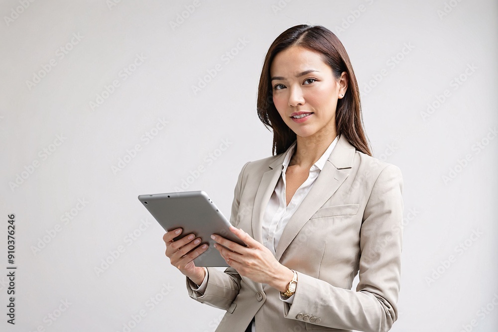 A businesswoman in formal clothes using a tablet for business planning on a white background A businesswoman in formal clothes using a tablet for business planning on a white background
