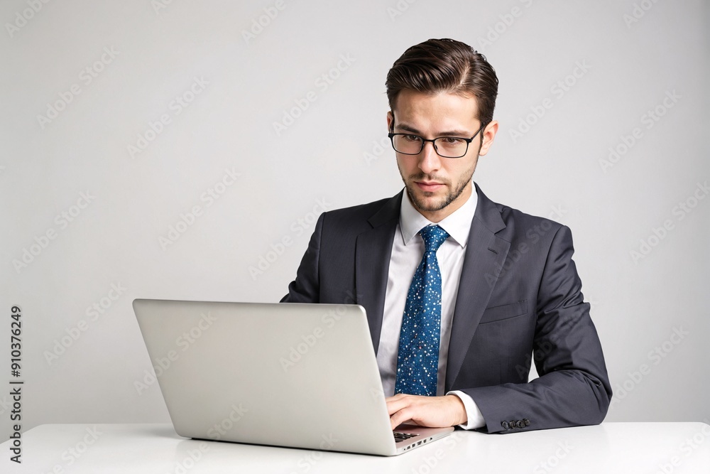 A professional in a suit using a laptop for business analysis on a white background A professional in a suit using a laptop for business analysis on a white background