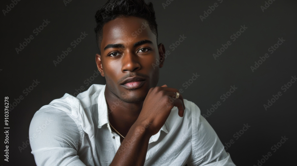 Portrait of a young African American man against a dark background. Handsome man posing indoors. Style and fashion concept. Portrait of a young African American man against a dark background. Handsome man posing indoors. Style and fashion concept.