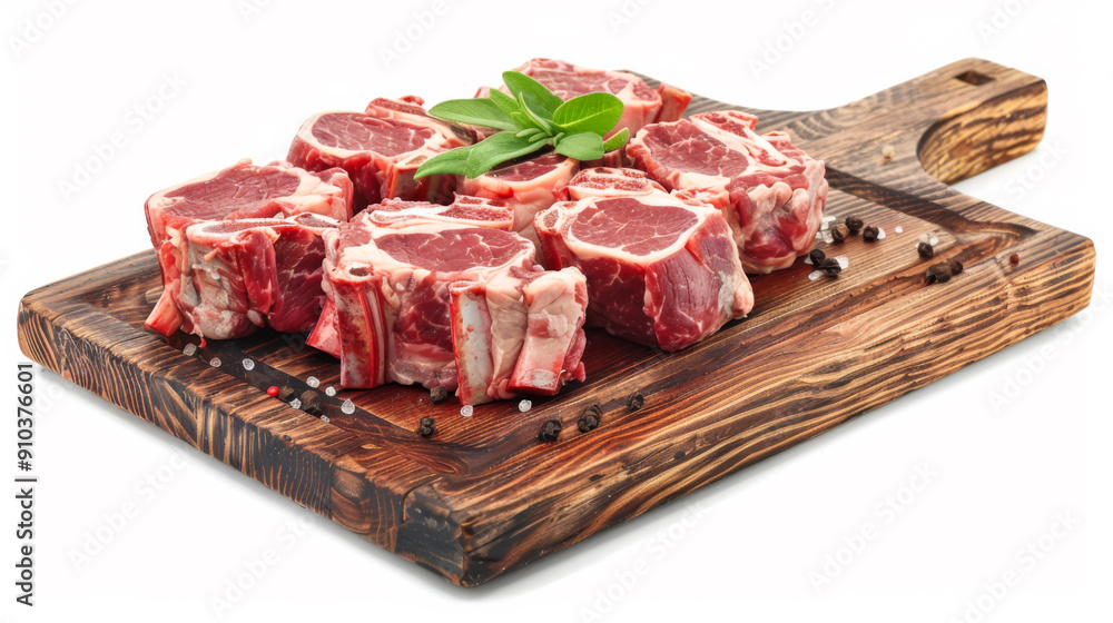 Close-up of pork and lamb shanks with bone on a wooden board on a white background. Meat products on a white background. Copy space. Close-up of pork and lamb shanks with bone on a wooden board on a white background. Meat products on a white background. Copy space.