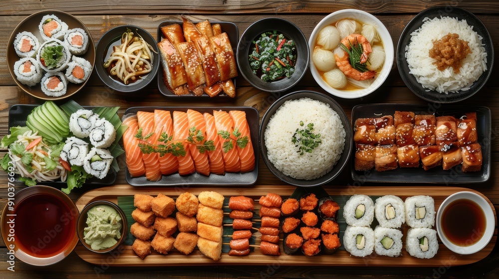 A vibrant assortment of sushi and Asian cuisine beautifully arranged on wooden platters, perfect for food lovers, restaurants, and culinary promotions. A vibrant assortment of sushi and Asian cuisine beautifully arranged on wooden platters, perfect for food lovers, restaurants, and culinary promotions.
