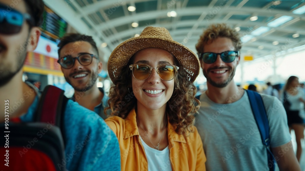 Friends Smiling at Airport Ready for Summer Travel Adventure Friends Smiling at Airport Ready for Summer Travel Adventure