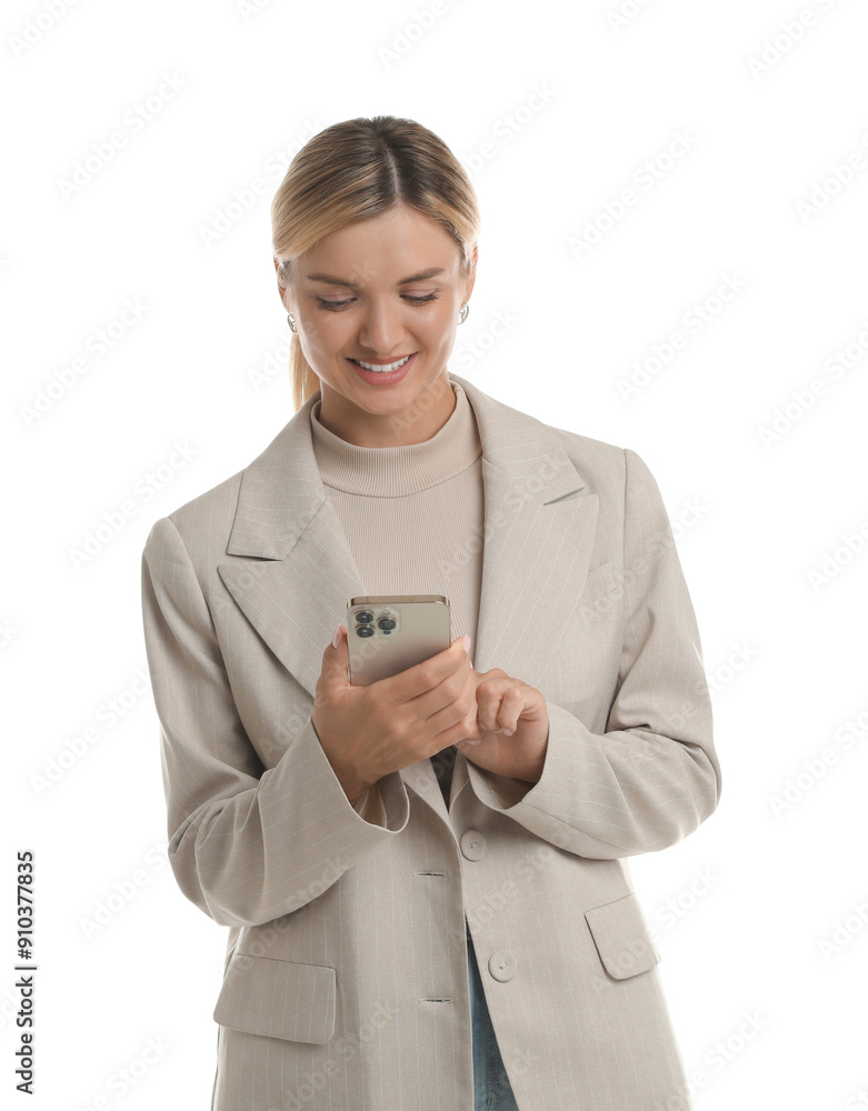 Beautiful woman in stylish jacket using smartphone on white background Beautiful woman in stylish jacket using smartphone on white background