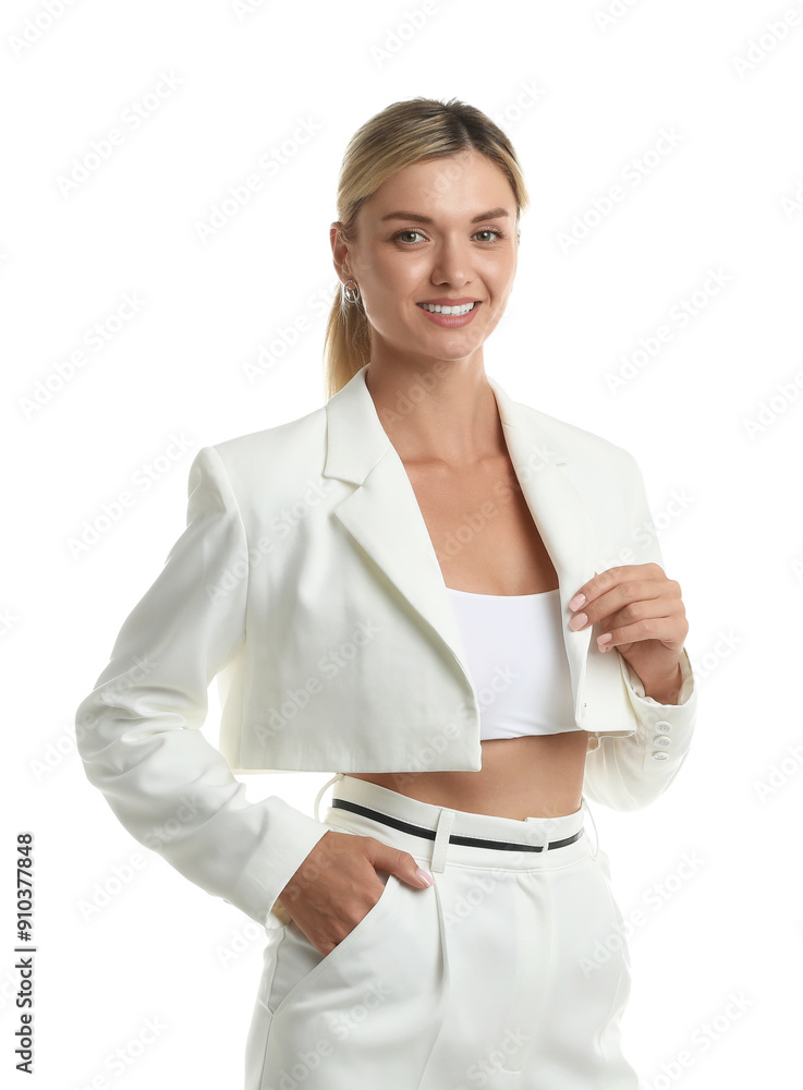 Beautiful woman in stylish suit on white background Beautiful woman in stylish suit on white background
