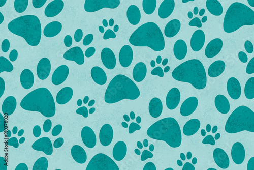 Illustration teal dog paw prints background that repeats and seamless