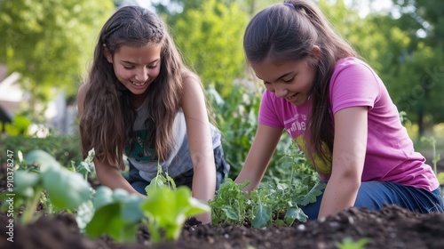 Two young girls enjoying gardening outdoors, planting and nurturing vegetables under the warm sunlight in a lush garden.