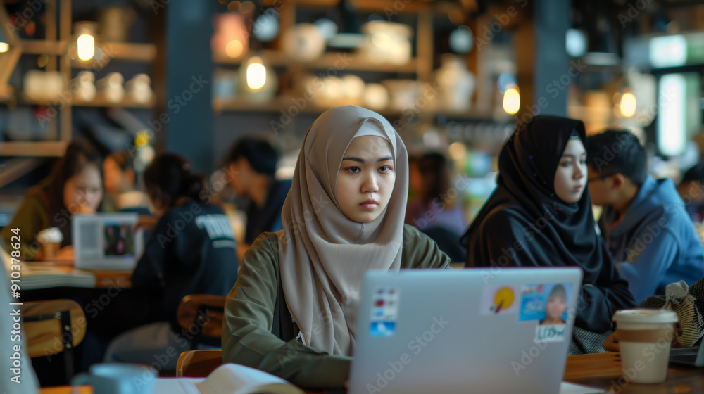 Portrait of a young Muslim woman working with a laptop at a table in a modern cafe. Beautiful female student in national dress indoors. Portrait of a young Muslim woman working with a laptop at a table in a modern cafe. Beautiful female student in national dress indoors.