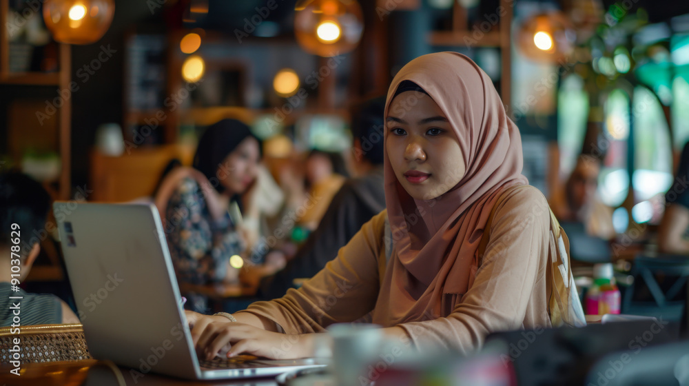 Portrait of a young Muslim woman working with a laptop at a table in a modern cafe. Beautiful female student in national dress indoors. Portrait of a young Muslim woman working with a laptop at a table in a modern cafe. Beautiful female student in national dress indoors.