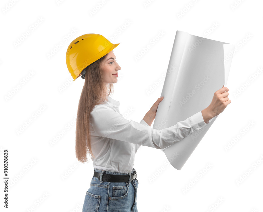 Engineer in hard hat with draft on white background Engineer in hard hat with draft on white background