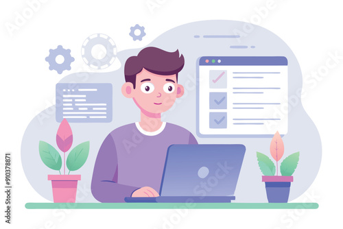 Young man with laptop. Remote work, freelance concept for banner or landing web page