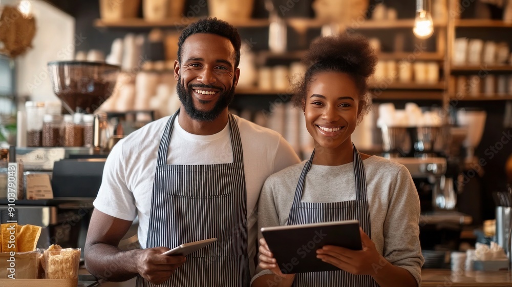 Smiling African waiters: man and woman with tablet in hands, warmly greet visitors in their establishment Smiling African waiters: man and woman with tablet in hands, warmly greet visitors in their establishment