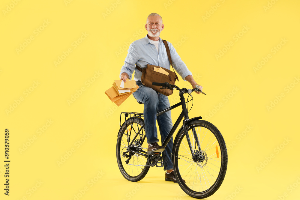 Happy postman on bicycle delivering letters against yellow background Happy postman on bicycle delivering letters against yellow background