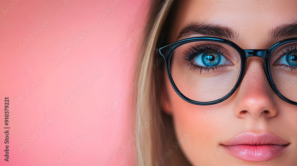 Woman’s eyes in glasses looking stright ahead, isolated on pink background Woman’s eyes in glasses looking stright ahead, isolated on pink background