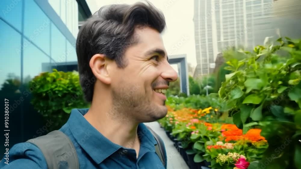A man smiles while walking through a colorful garden with various flowers and greenery, enjoying the fresh air and sunlight in an urban setting A man smiles while walking through a colorful garden with various flowers and greenery, enjoying the fresh air and sunlight in an urban setting