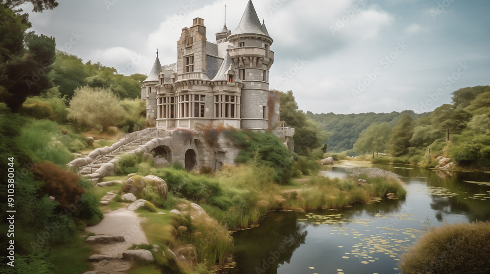 Obraz premium a fairy tale castle perched on a hill, surrounded by pastel-colored gardens and a shimmering lake