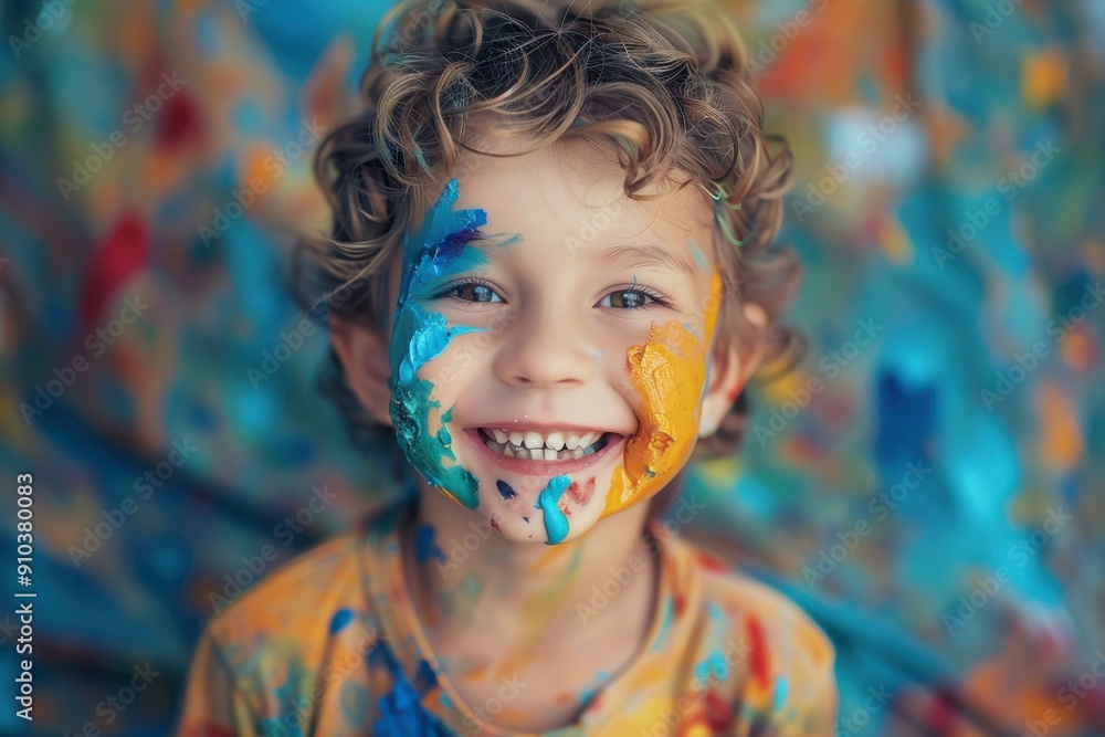 A beautiful young boy smeared in a palette of colorful paint and smiling A beautiful young boy smeared in a palette of colorful paint and smiling
