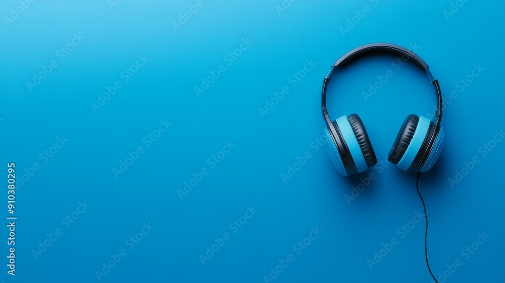 Blue Headphones on a Blue Background - Headphones on a blue background, symbolizing music, technology, audio, sound, and listening. Blue Headphones on a Blue Background - Headphones on a blue background, symbolizing music, technology, audio, sound, and listening.