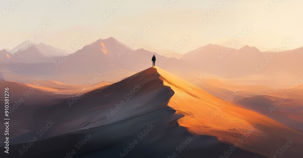 Naklejka premium person standing on top of the sand dune, with mountains and fog in the background, at sunrise