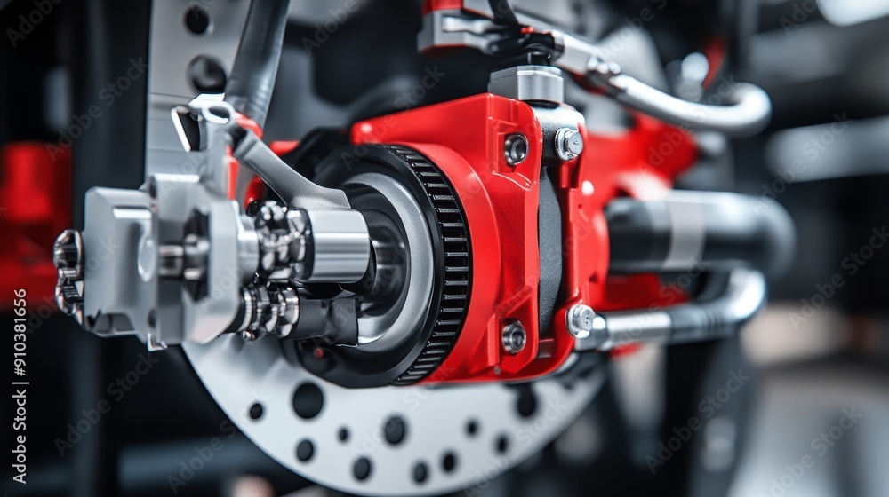 Close-up of a Powerful Motorcycle Disc Brake System - This image showcases the intricate details of a motorcycle disc brake system, highlighting the caliper, rotor, brake pads, and hydraulic lines, sy Close-up of a Powerful Motorcycle Disc Brake System - This image showcases the intricate details of a motorcycle disc brake system, highlighting the caliper, rotor, brake pads, and hydraulic lines, sy