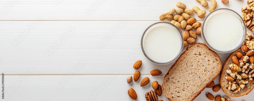Healthy breakfast arrangement with soy milk, mixed nuts, and whole-grain bread, minimalistic and nutritious Healthy breakfast arrangement with soy milk, mixed nuts, and whole-grain bread, minimalistic and nutritious