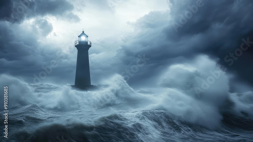 A towering lighthouse stands against the wrath of a stormy sea, illuminated amid fierce waves and dark clouds, symbolizing guidance and resilience.