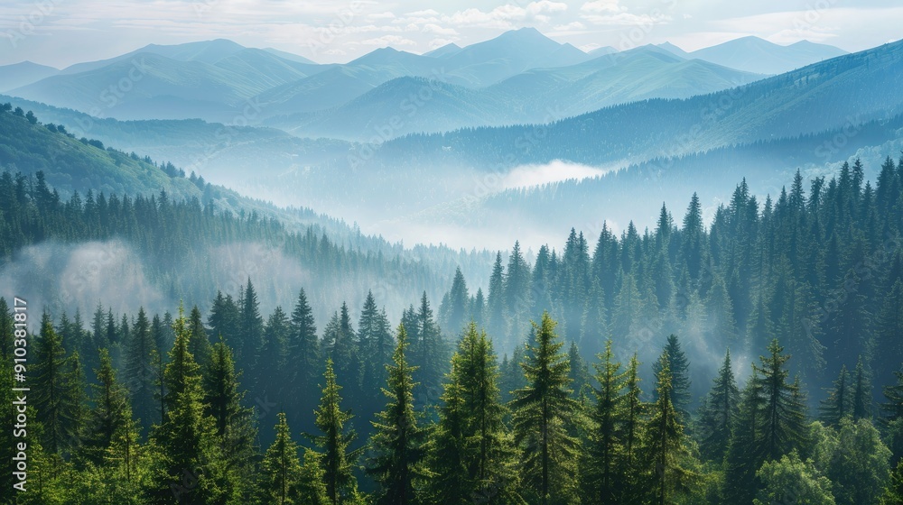 coniferous forest mountains in fog, view from above
coniferous forest mountains in fog, view from above