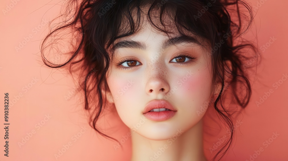 ethereal portrait of a young woman with pastel peach backdrop delicate features avantgarde hairstyle and minimalist outfit soft dreamy lighting enhances her luminous skin ethereal portrait of a young woman with pastel peach backdrop delicate features avantgarde hairstyle and minimalist outfit soft dreamy lighting enhances her luminous skin