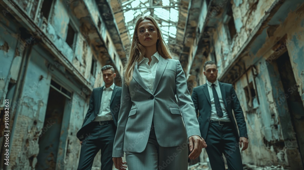 Naklejka premium Mid-adult business woman standing with two colleagues in a derelict prison.