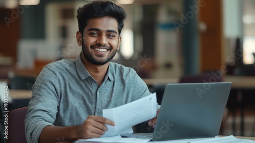 A person sitting at a desk with a laptop and papers, likely working or studying