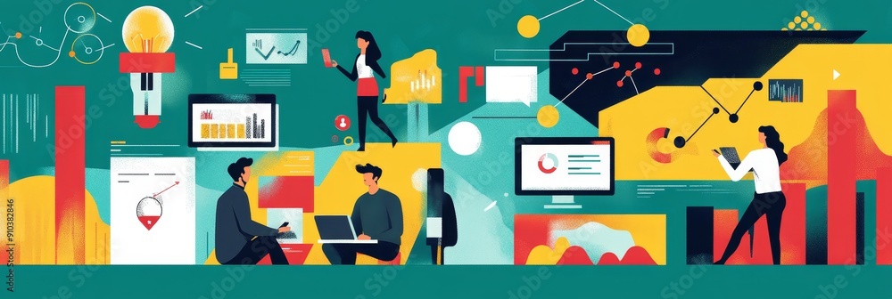 Data-Driven Business Growth: Teamwork, Insights, and Success - A team of professionals collaborate on data analytics, representing the concept of innovation, teamwork, insights, strategy, and growth.