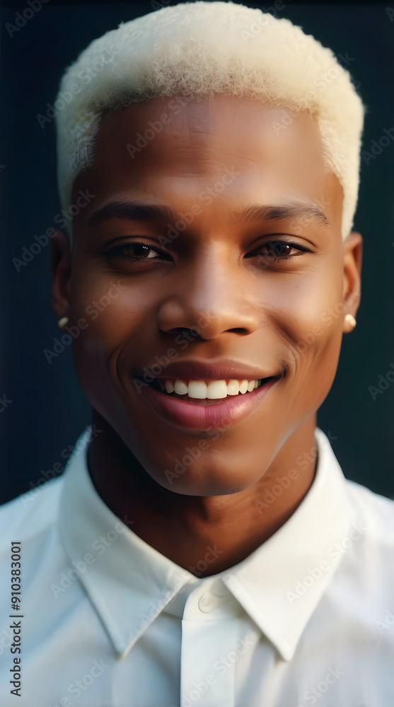 Portrait of handsome African American male model smiling, white Afro, fashion and lifestyle, diversity, people background