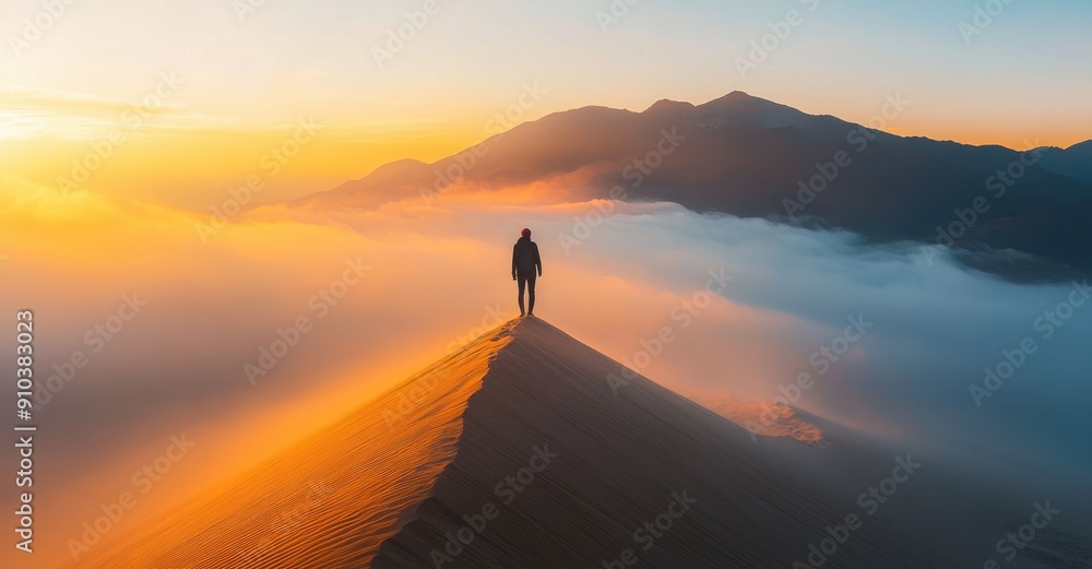 person standing on top of the sand dune, with mountains and fog in the background, at sunrise person standing on top of the sand dune, with mountains and fog in the background, at sunrise